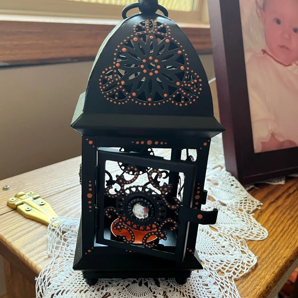 Handpainted Metal Black and Orange Decorative Lantern